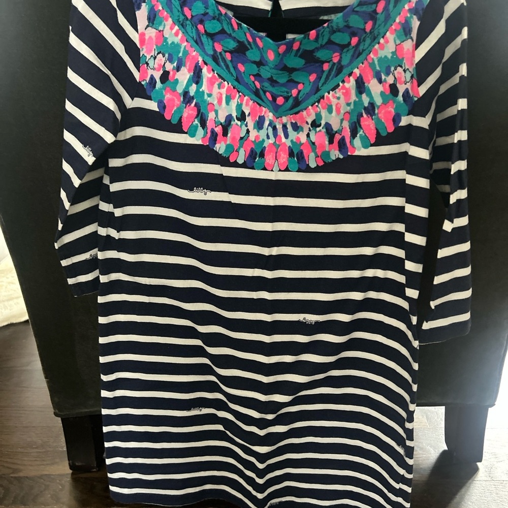 Lilly Pulitzer Navy and White Striped Dress with Pink and Blue Accents